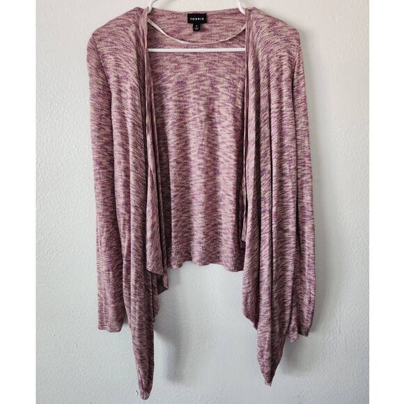 Torrid Space Dye Cardigan Drape Front Sweater in Oatmeal and Purple - Picture 2 of 9